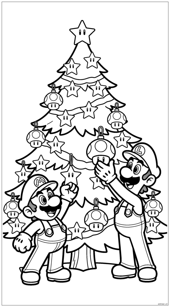 Mario en Luigi versieren een gigantische kerstboom met krachtige sterren en paddestoelversieringen