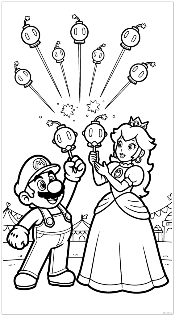 Mario en Peach lanceren op nieuwjaarsfestival vuurwerk Bob-ombs de lucht in