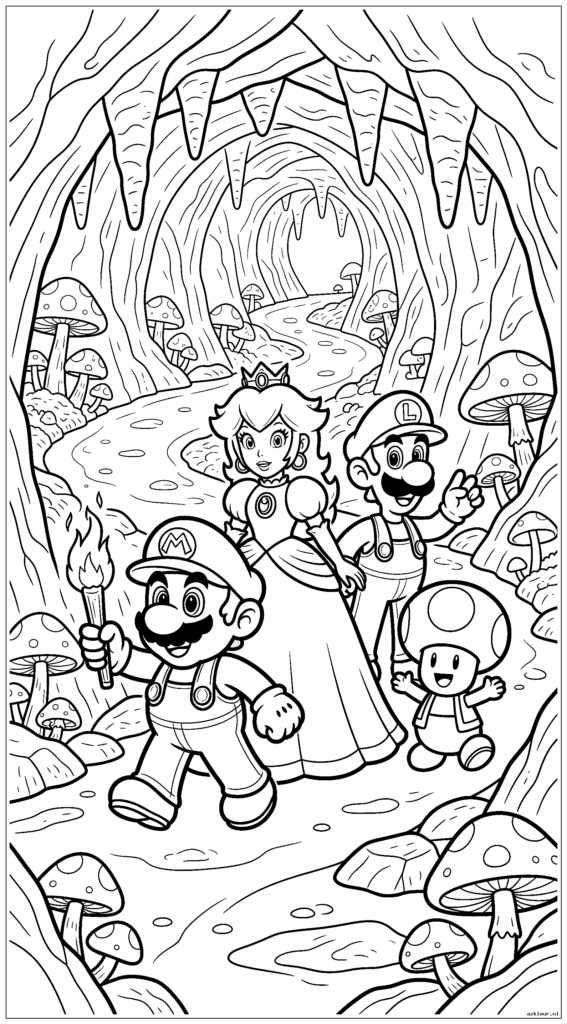Mario en Peach verkennen een ondergrondse grot met Luigi en Toad