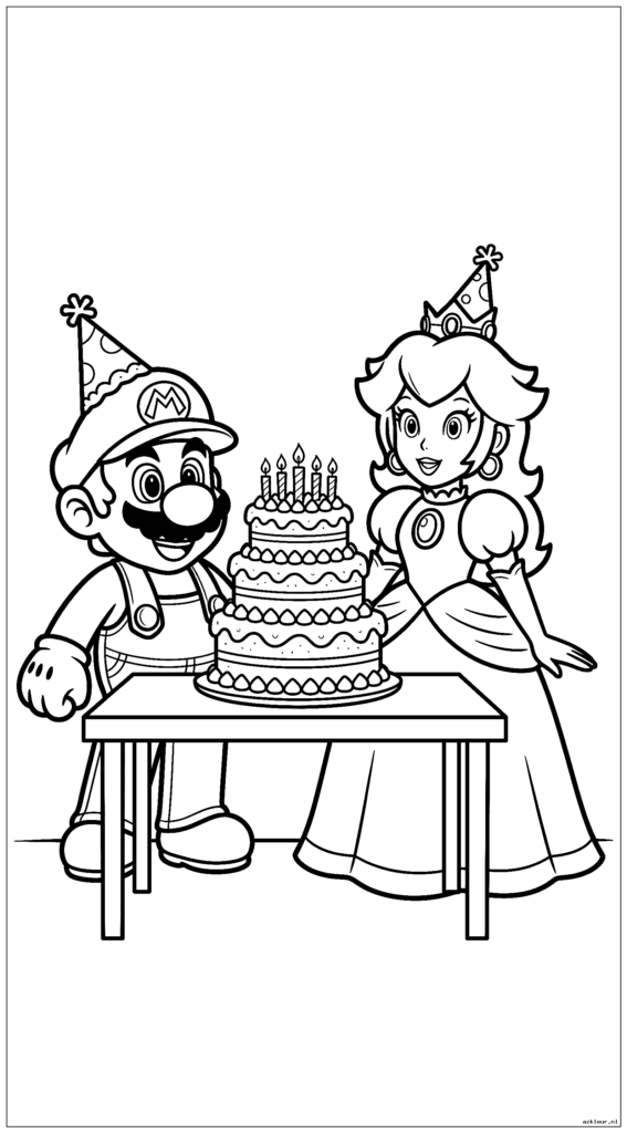 Mario en Peach vieren feest met feestmutsen en verjaardagstaart op tafel op Peach's verjaardagsfeestje