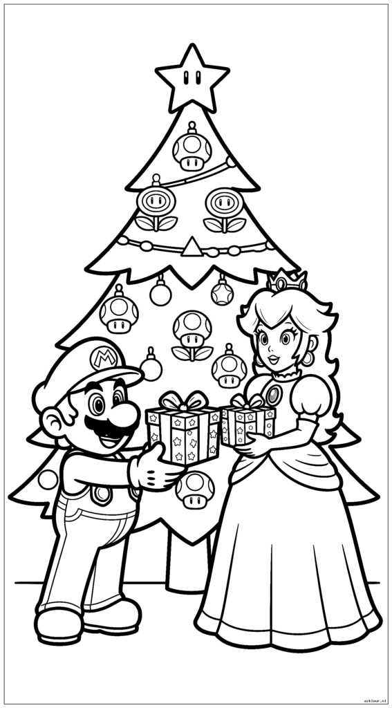 Mario en Peach wisselen kerstcadeautjes uit onder een versierde Super Star-boom