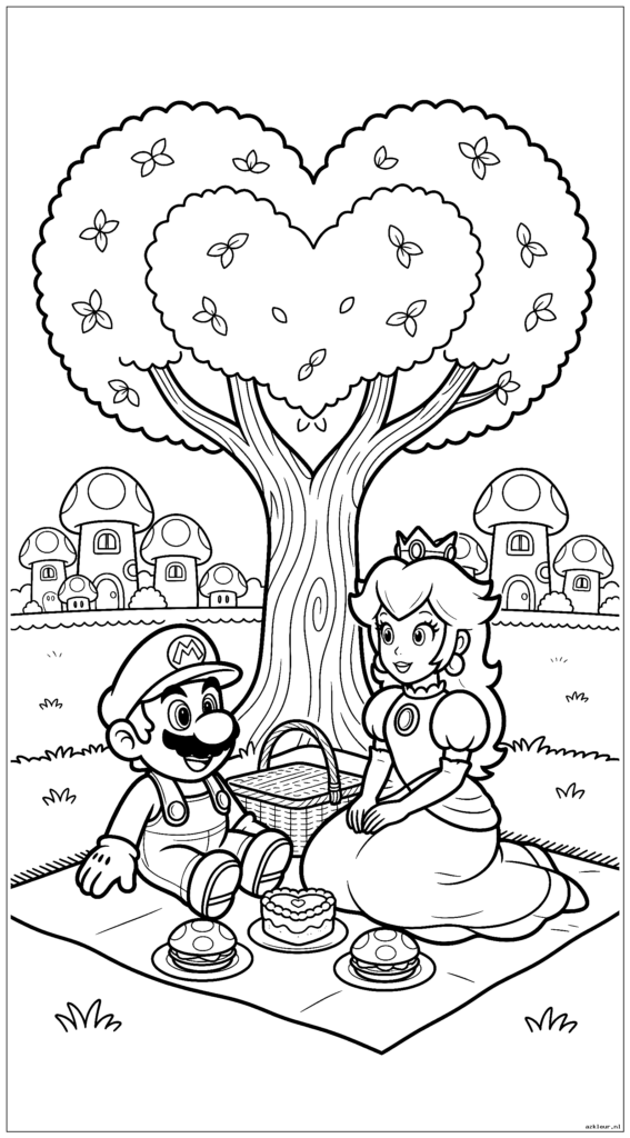 Mario en Prinses Peach hebben een romantische picknick onder een hartvormige boom met het paddenstoelenrijk op de achtergrond