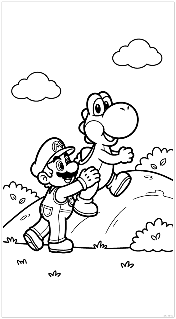 Mario helpt Yoshi een kleine heuvel met eenvoudige struiken en wolken te beklimmen