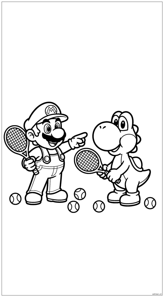 Mario leert Yoshi tennissen met rackets en ballen