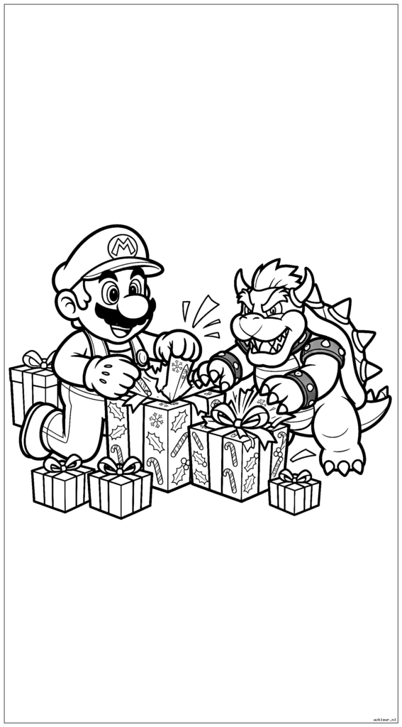 Mario opent verjaardagscadeautjes terwijl Bowser Jr. nog een verjaardagscadeautje opent