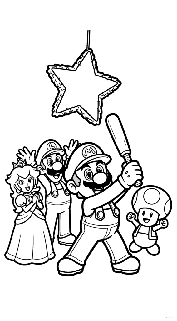 Mario slaat een stervormige piñata terwijl Luigi en zijn vrienden juichen