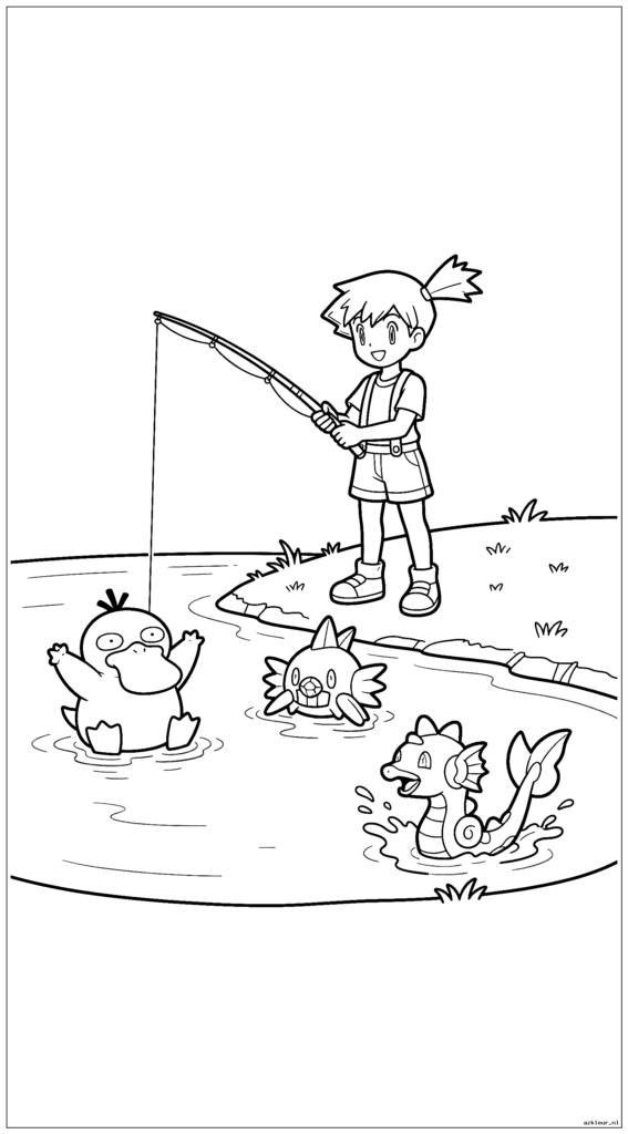 Misty aan het vissen bij een meer terwijl haar water-Pokémon om haar heen zwemt