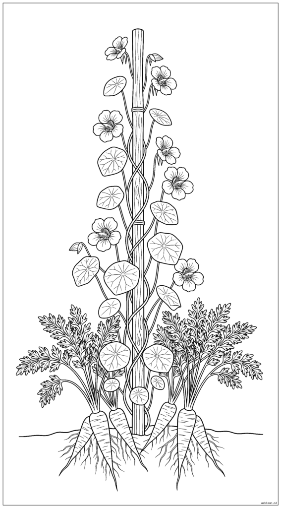 Oost-Indische kers klimmen tegen een bonenpaal op en daaronder groeien wortels