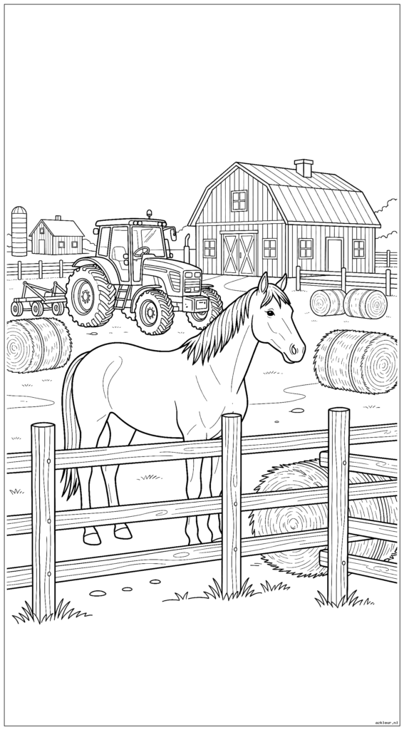 Paard bij houten hek met compleet boerderijtafereel inclusief tractor en hooibalen