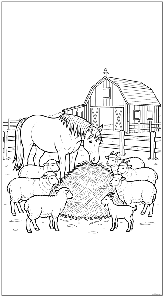 Paard deelt hooi met schapen en geiten op het boerenerf