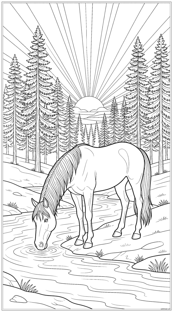 Paard drinkt uit een beekje met pijnbomen en zonsondergang op de achtergrond