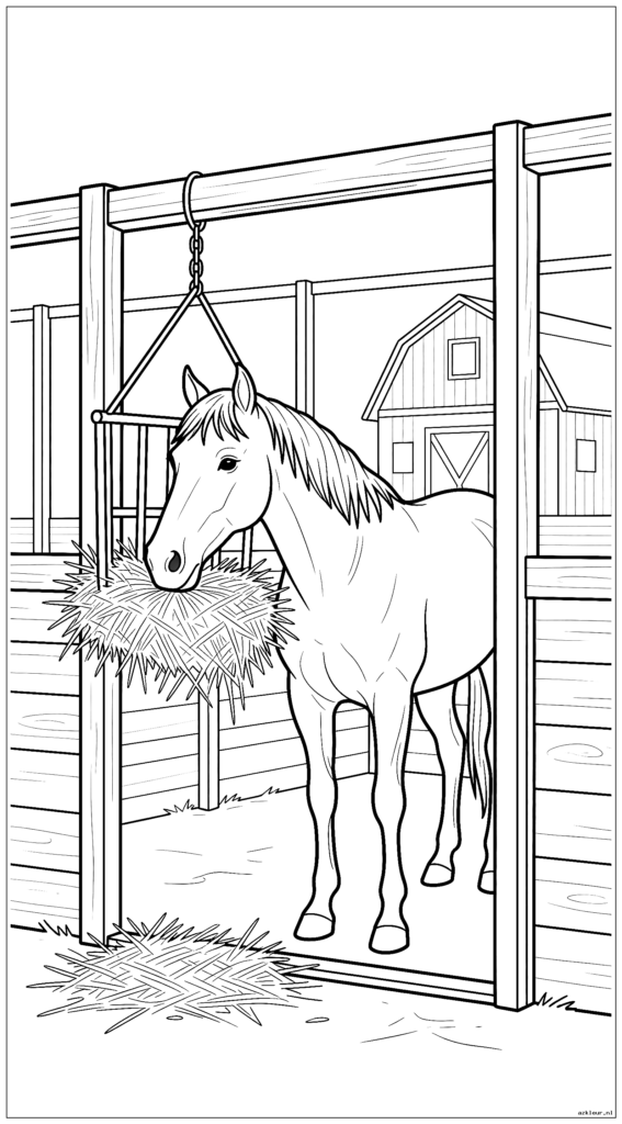 Paard eet hooi uit een hangrek in een gezellig stalinterieur