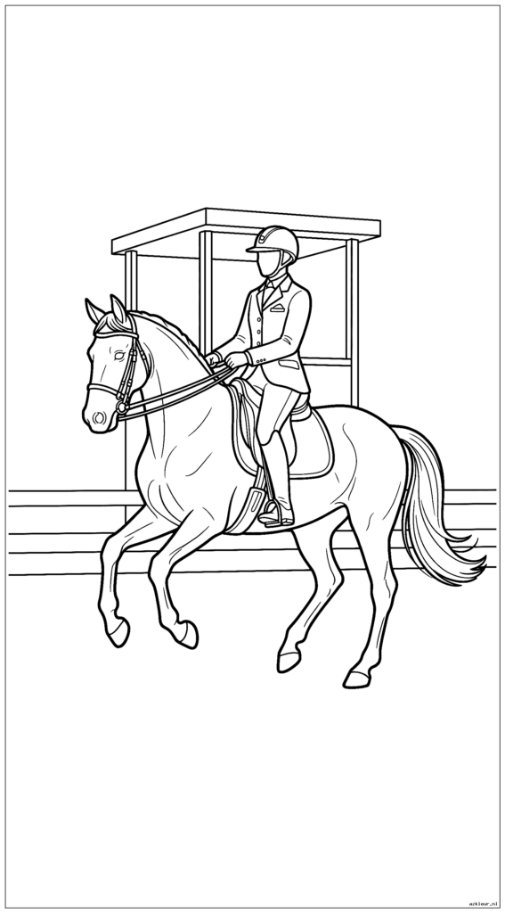 Paard en ruiter demonstreren een perfecte piaffebeweging met het juryhokje op de achtergrond