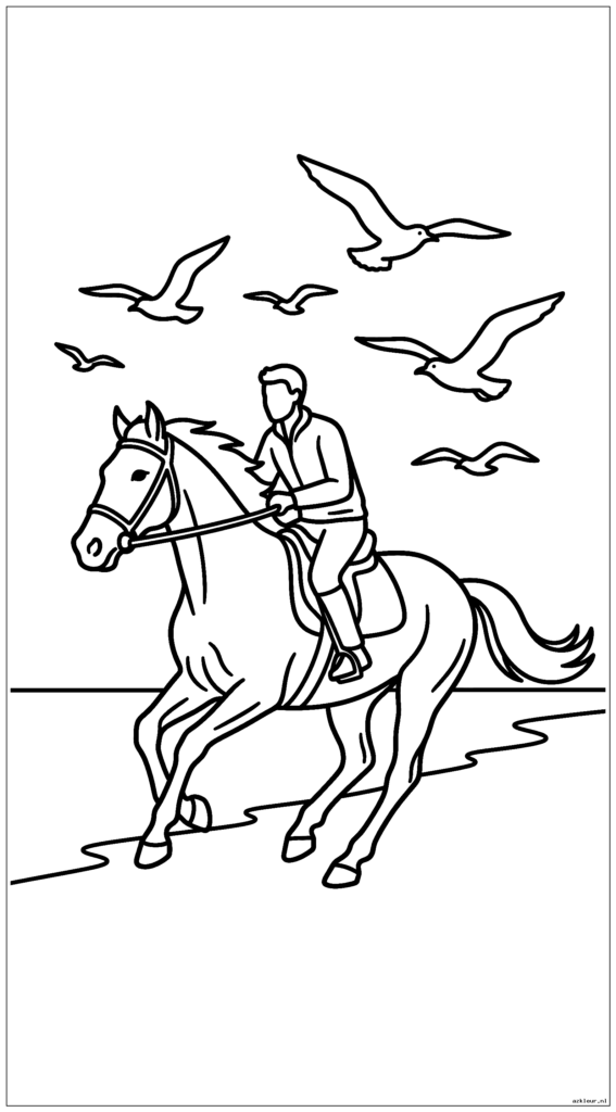 Paard en ruiter galopperen langs een strand terwijl meeuwen overvliegen