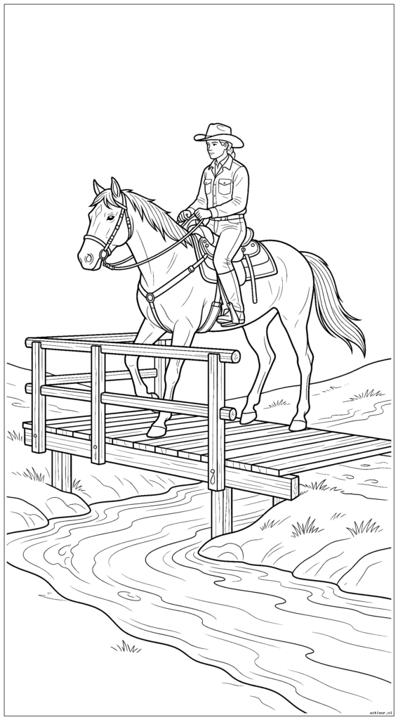 Paard en ruiter steken een houten brug over een beekje over tijdens een buitenrit