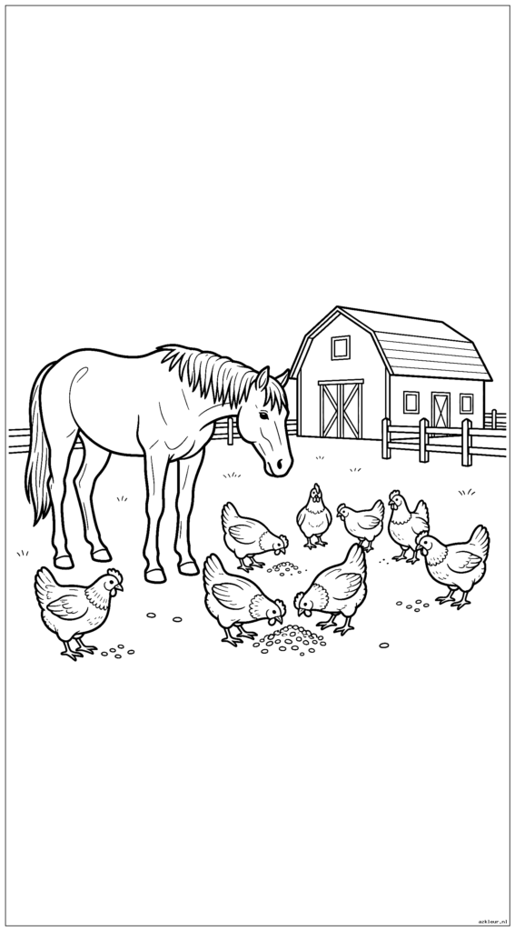 Paard kijkt hoe kippen graan pikken op het erf