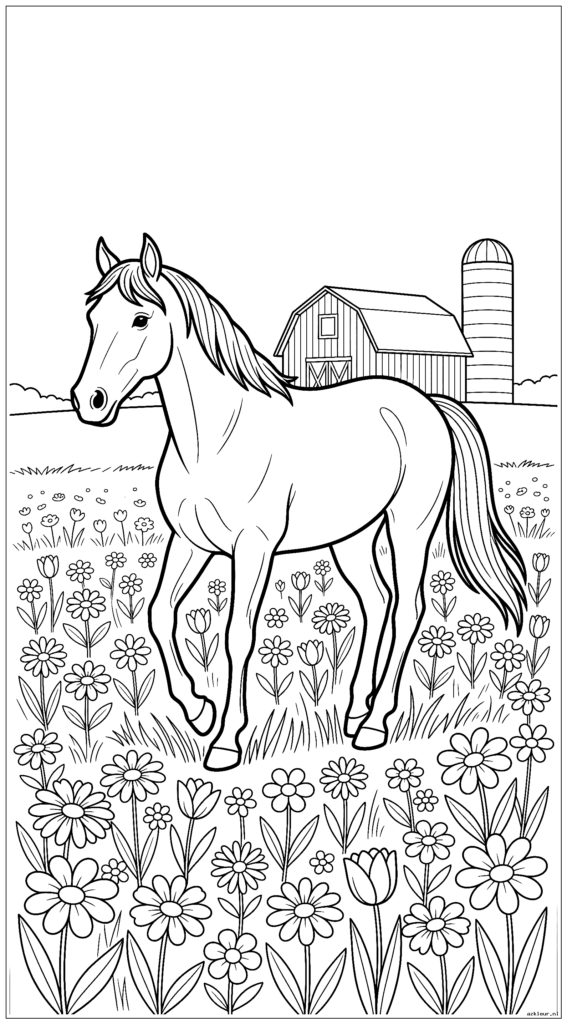 Paard loopt door bloemenweide met schuur en silo op afstand