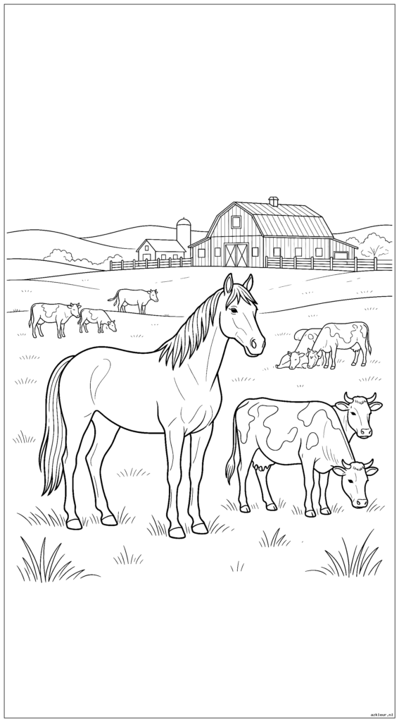 Paard staat naast koeien in een groene weide