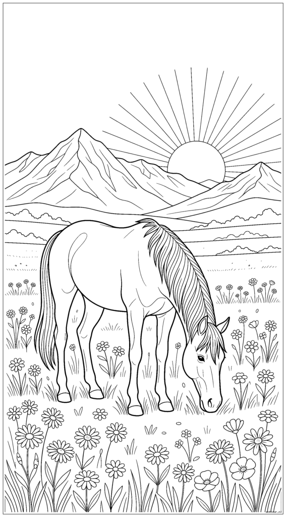 Paarden grazen in een weiland met wilde bloemen en een ondergaande zon achter bergen