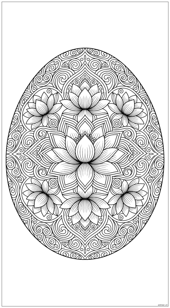 Paasei met ingewikkeld mandalapatroon met bloeiende lotusbloemen en wervelingen
