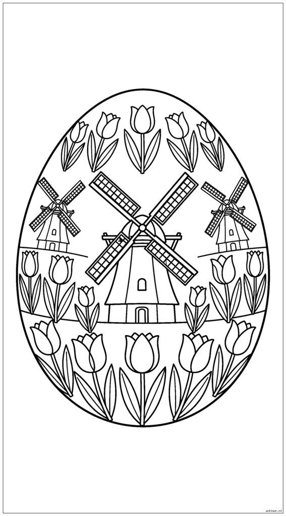 Paasei versierd met traditionele Nederlandse windmolen- en tulpenpatronen