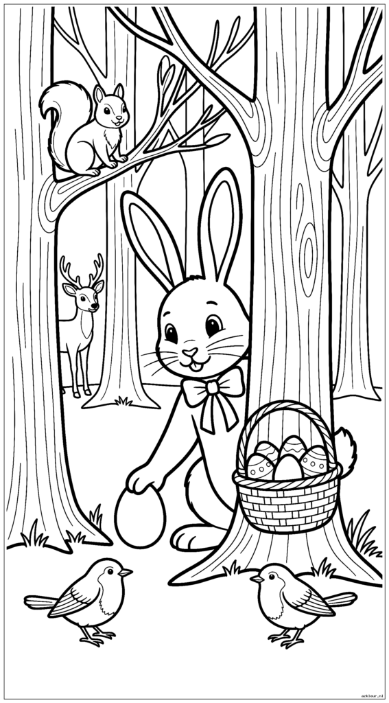 Paashaas draagt een vlinderdas en draagt een mand terwijl hij eieren achter bomen verbergt