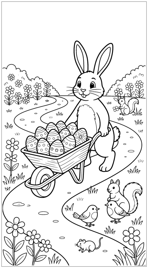 Paashaas duwt een kruiwagen vol versierde paaseieren door een tuinpad