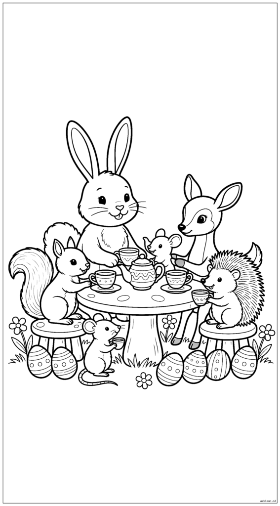 Paashaas heeft een theekransje met andere kleine bosdieren rond een paddenstoelentafel
