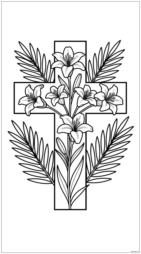 Paaskruis versierd met lelies en palmtakken