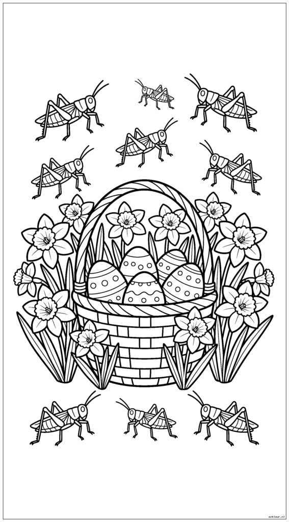 Paasmand omringd door bloeiende narcissen en springende sprinkhanen