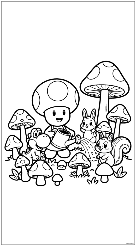 Pad geeft zijn paddenstoelentuin water met een schattige gieter