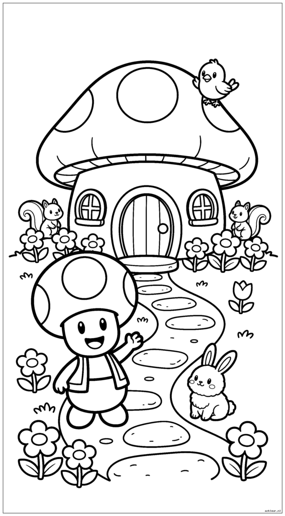 Pad staat voor een klein paddestoelhuisje met een ronde deur en ramen