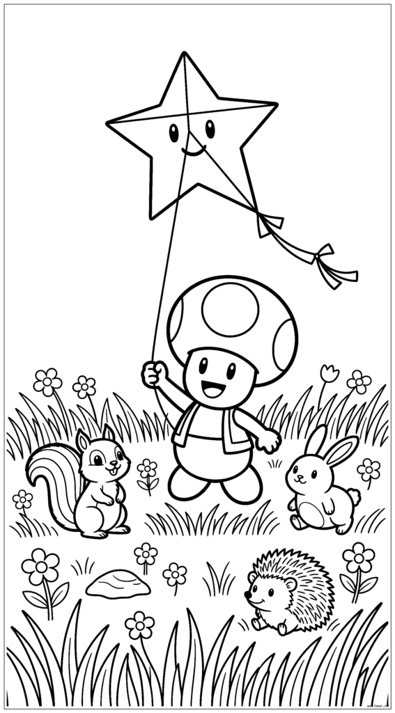 Pad vliegt met een vlieger in de vorm van een ster in een weiland