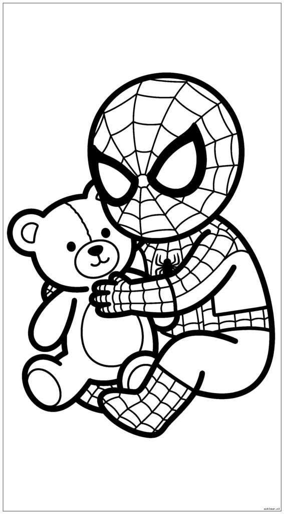 Peuter Spiderman knuffelt een teddybeer terwijl hij een dutje doet