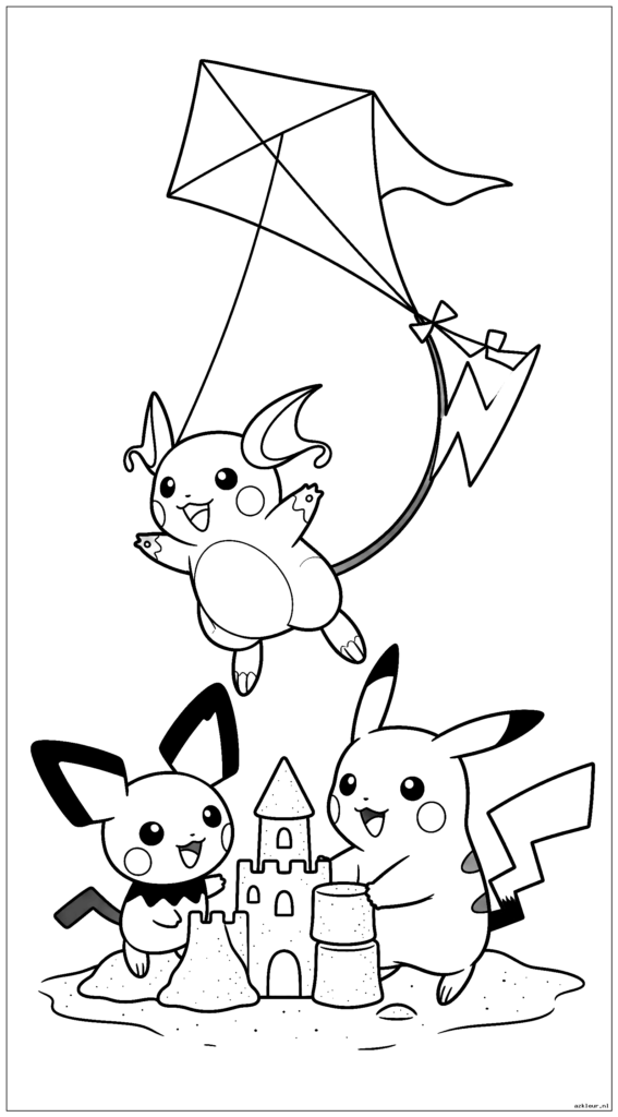 Pichu en Pikachu bouwen samen een zandkasteel terwijl Raichu met zijn staart als vlieger overvliegt