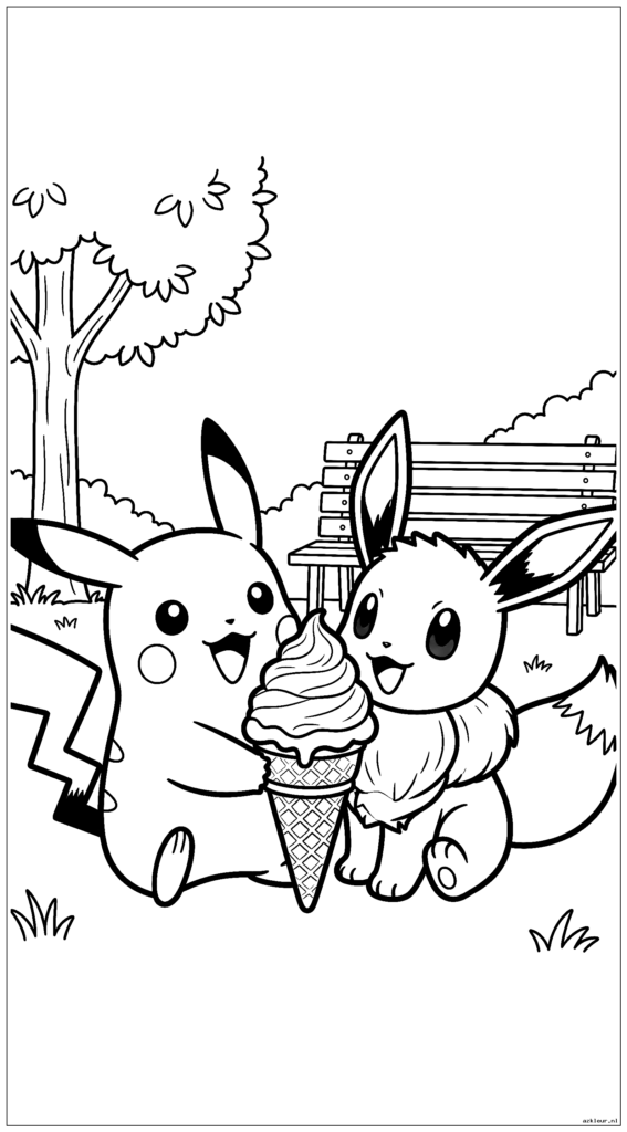 Pikachu en Eevee delen een ijshoorntje in het park