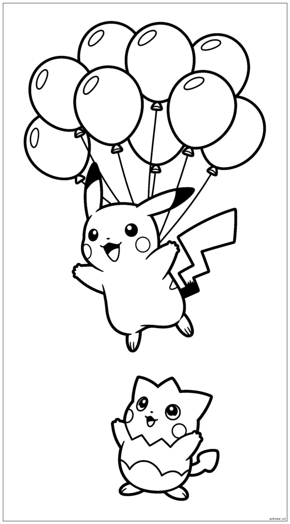 Pikachu vliegt met ballonnen terwijl Togepi van onderaf toekijkt