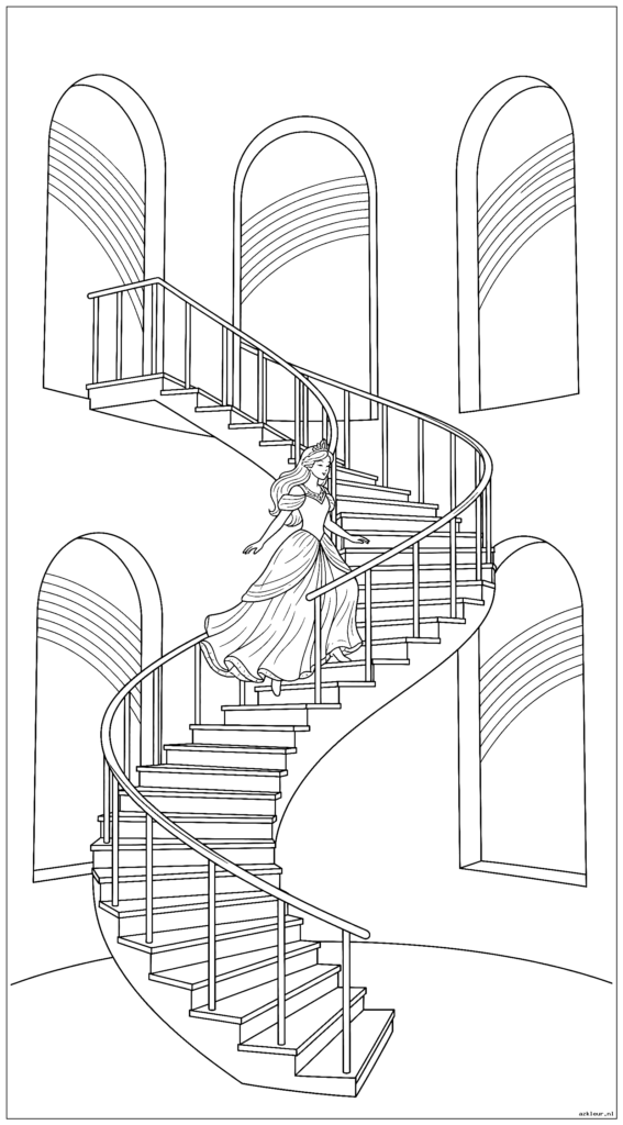 Prinses beklimt spiraalvormige kasteeltrappen met regenbogen zichtbaar door kasteelramen