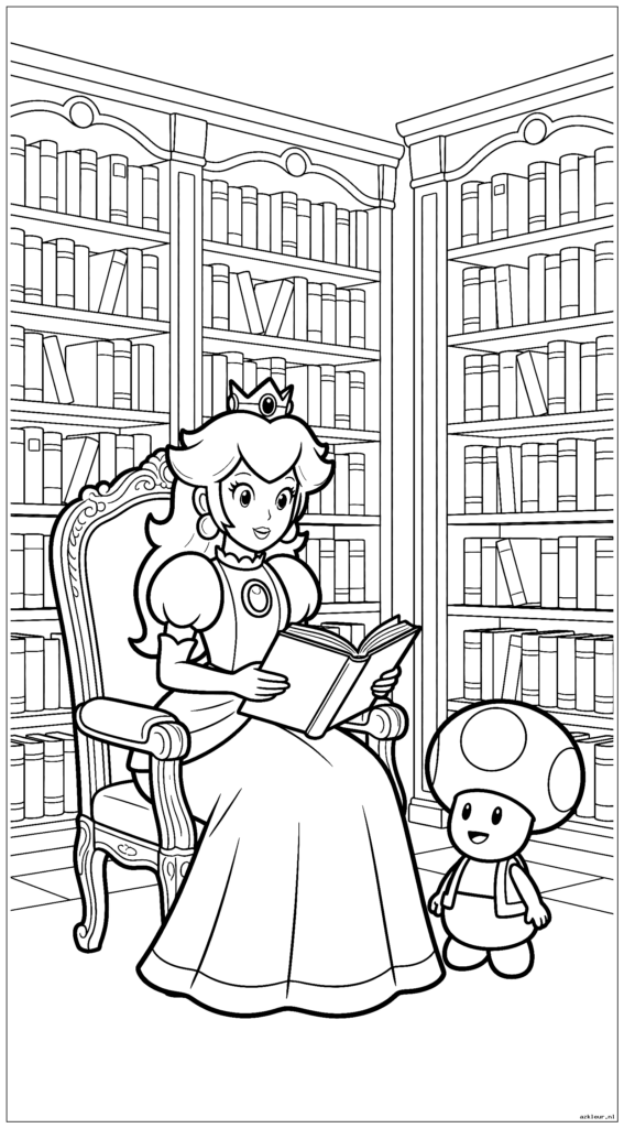 Prinses Peach leest een verhalenboek Toad in haar kasteelbibliotheek