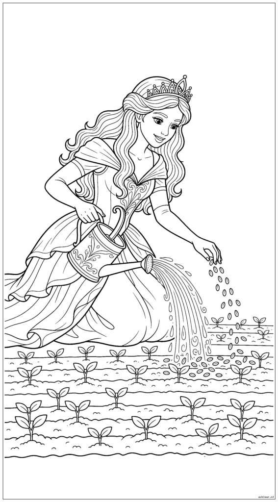 Prinses plant regenboogzaadjes in haar bloembedden met magische gieter