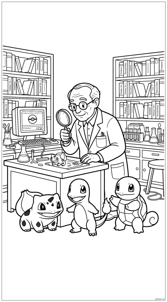 Professor Oak onderzoekt in zijn laboratorium Pokemon met starter-Pokemon in de buurt