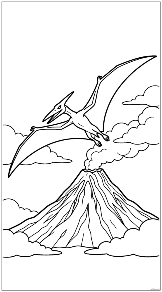 Pterodactyl zweeft door wolken nabij een vulkanische berg