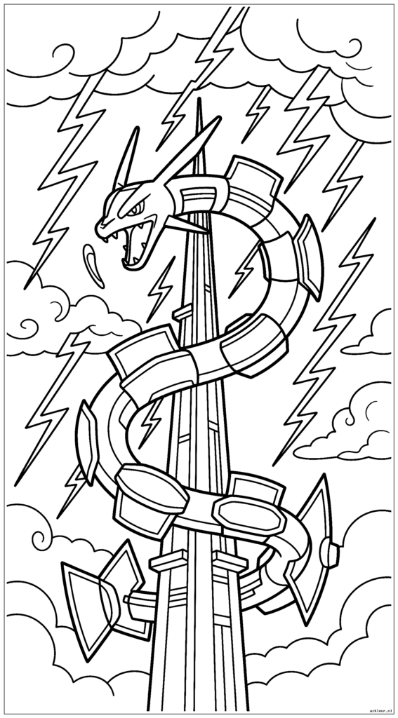 Rayquaza kronkelt rond een hoge toren tijdens een onweersbui