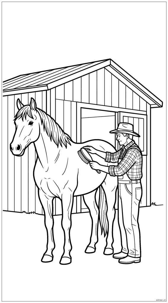 Realistisch paard dat door een boer buiten de stal wordt verzorgd