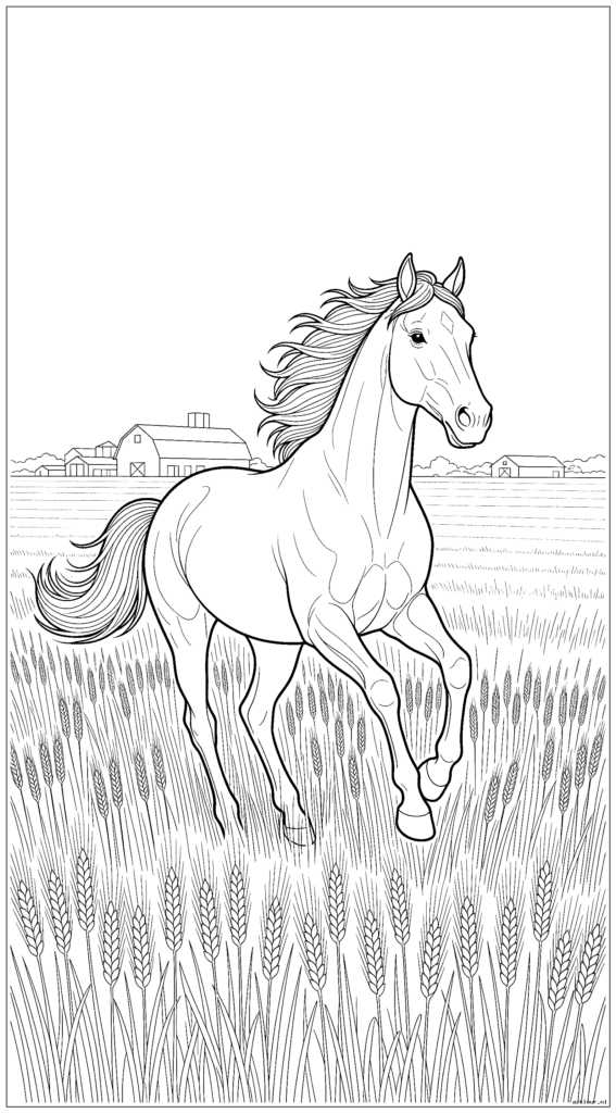 Realistisch paard dat door een tarweveld galoppeert met boerderijgebouwen op de achtergrond