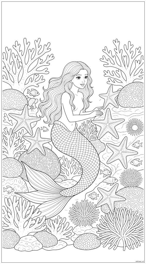 Realistische zeemeermin die het zeeleven observeert met nauwkeurige anatomische zeesterren in een gedetailleerde koraalrifomgeving