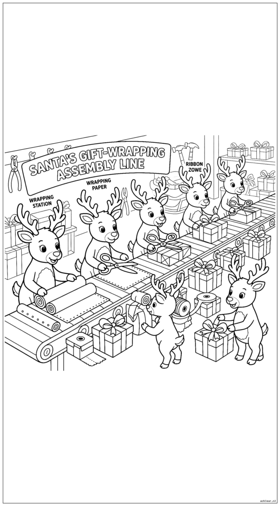 Rendierenteam speelt lopende band voor het inpakken van cadeaus in de werkplaats van de Kerstman