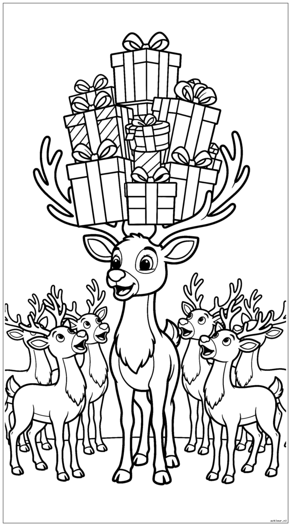 Rudolph balanceert ingepakte cadeautjes op zijn gewei terwijl andere rendieren verbaasd toekijken