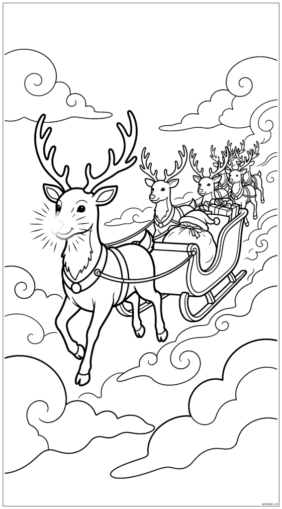 Rudolph met gloeiende neus die de slee van de Kerstman door besneeuwde wolken leidt