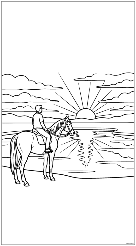 Ruiter en paard nemen een pauze bij een vijver